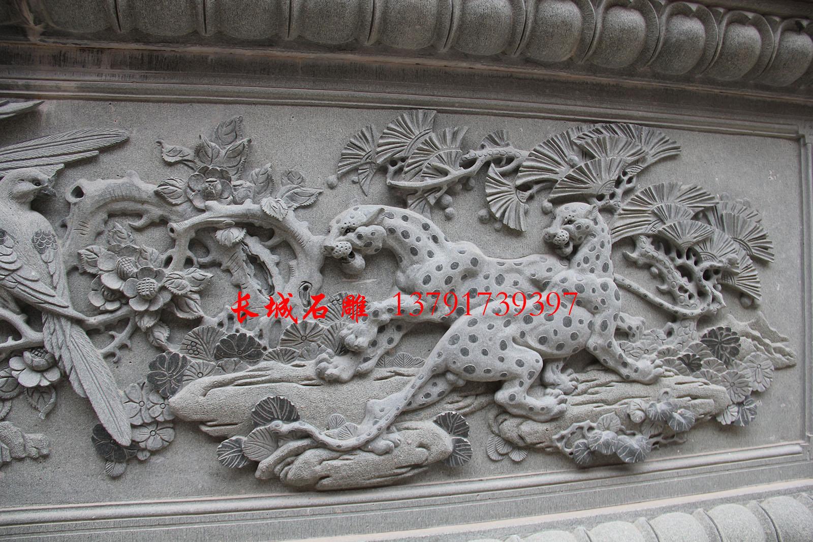 石雕牌坊浮雕設(shè)計(jì)-喜報(bào)三元，用喜鵲和豹子寓意吉祥。